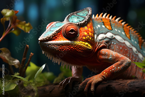 Colorful chameleon on dark background. Close-up. ia generated photo