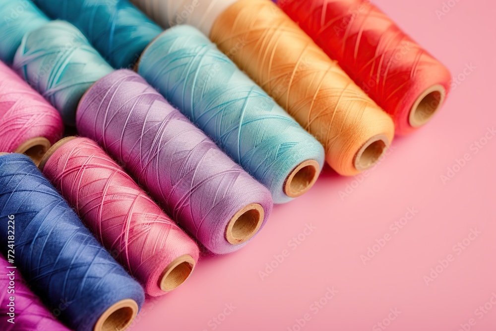 Colorful sewing threads on pink background Colorful sewing threads on pink background