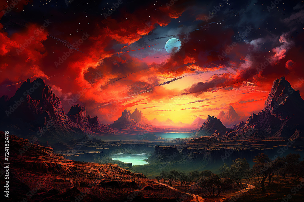 Post-apocalyptic landscape. Dawn. Starry sky. Generative AI