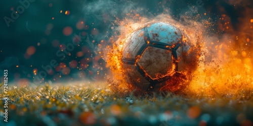 Fiery Game: A Soccer Ball Engulfed in Flames, Capturing the Explosive Energy and Passion of the Sport on the Field, Generative AI