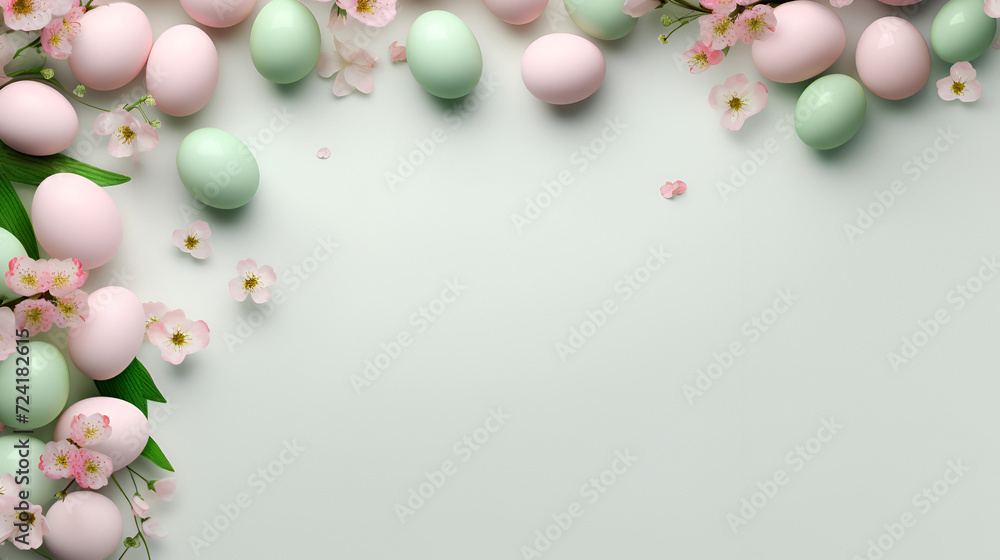 Delicate Easter background with eggs decorated in pastel pink colors with spring pink flowers on a muted light green background with copy space Delicate Easter background with eggs decorated in pastel pink colors with spring pink flowers on a muted light green background with copy space