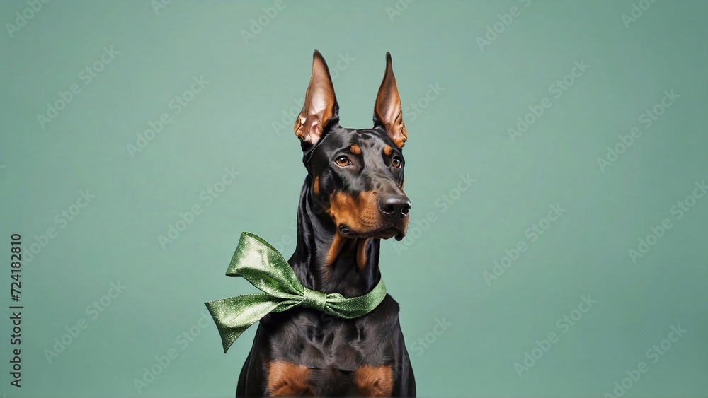 doberman dog with a bow isolated on pastel green background