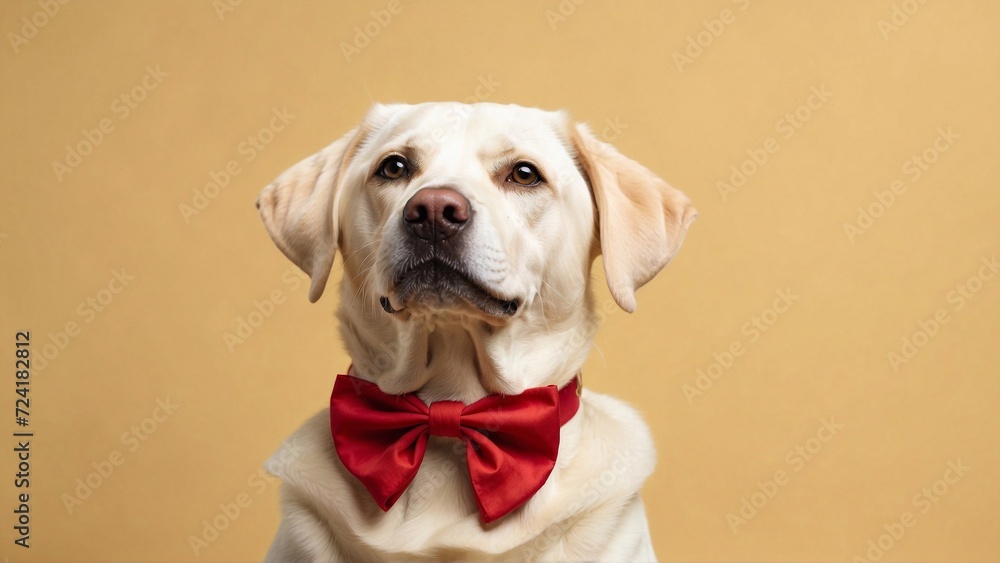 white labrador dog with a bow isolated on pastel pink background, pet banner