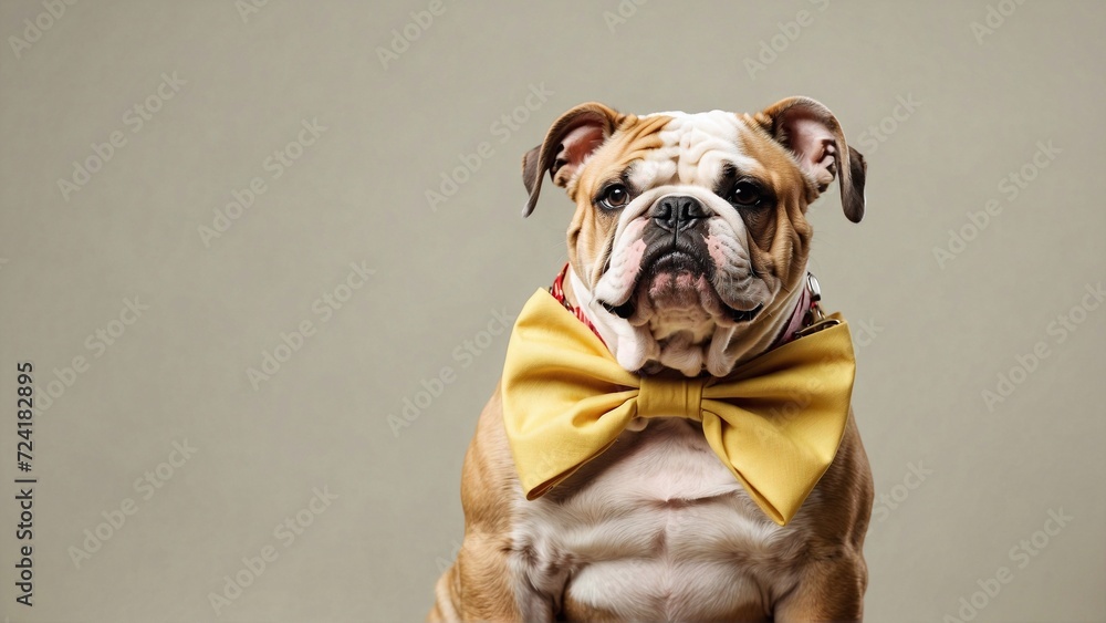 english bulldog with a bow isolated on pastel background