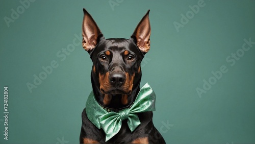 doberman dog with a bow isolated on pastel green background, pet banner