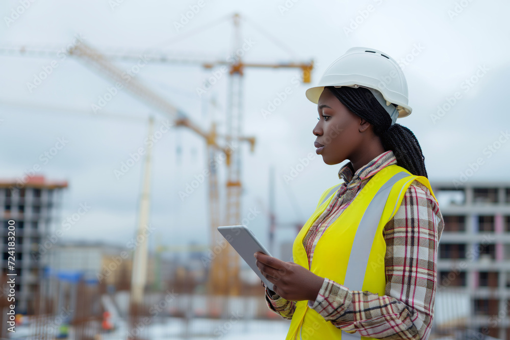A side view of a black woman in construction using a tablet in a winter scene on the roof on construction site A side view of a black woman in construction using a tablet in a winter scene on the roof on construction site