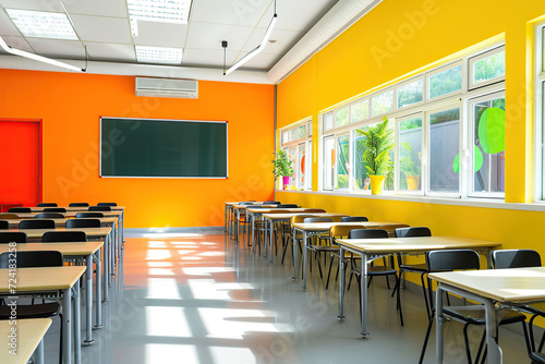 Empty new classroom with chairs and desks