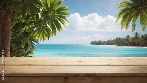 light wooden table on white sand beach with palms, perfect for product display, tropical paradise