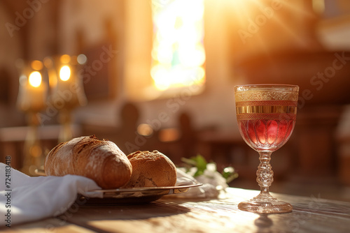 Communion elements on a church altar, Close-up of bread and wine photo