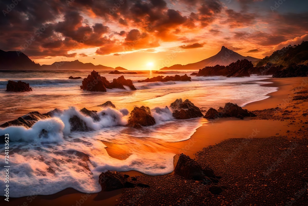 An awe-inspiring sunset on the beach, with a vast horizon, isolated figures in the far distance, the shore adorned with spectacular foamy waves, An awe-inspiring sunset on the beach, with a vast horizon, isolated figures in the far distance, the shore adorned with spectacular foamy waves,