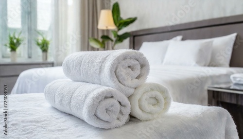 clean towels rolled up on the bed in a bright hotel room