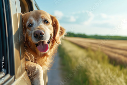 Head of happy smiling dog looking out of car window. Curious golden retriever enjoying road trip on sunny summer day