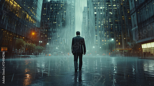 A businessman in a black suit walks under the rain in a big city