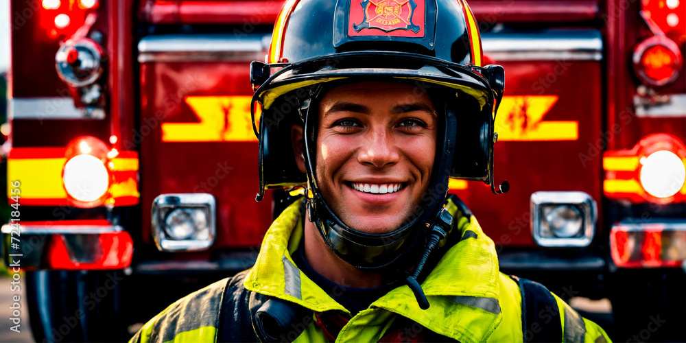 The fireman smiles cheerfully. Generative AI The fireman smiles cheerfully. Generative AI
