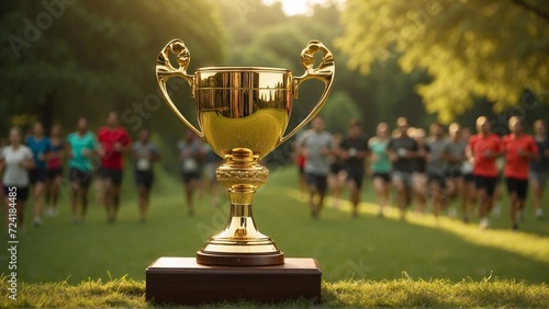 gold trophy on runners competition background, sport championship