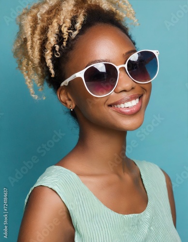  beautiful blond woman in sunglasses on blue background. Carefree summer 