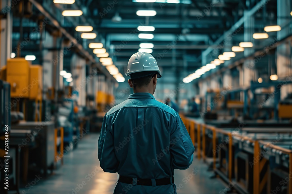 Back view of man engineer worker working in factory industry