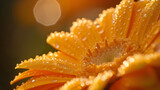 Sunlit Dew Drops on Bright Orange Gerbera Daisy Petals Macro