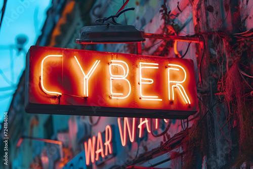 Digitale Schlacht: Das verfallene 'CYBER WAR'-Schild im urbanen Verfall