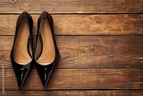 Beautiful and luxury black high heel shoes on wooden background