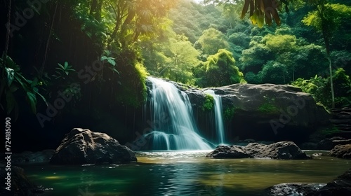 Rock or stone at waterfall. Beautiful waterfall in jungle. Waterfall in tropical forest with green tree and sunlight. Waterfall is flowing in jungle. Nature background. Green season travel in Thailand © Ziyan Yang