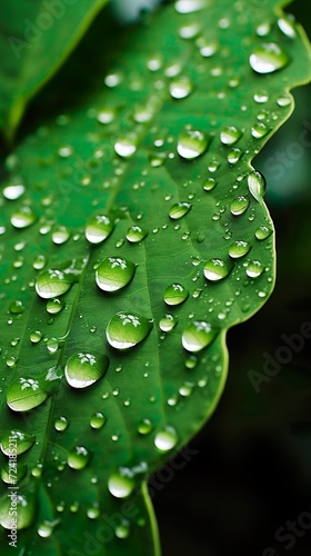 A close-up photograph of a raindrop-covered leaf. Generative AI