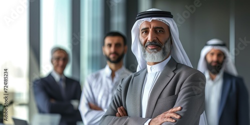 Middle aged businessman Arabic sheikh in office with business partners