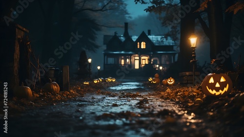 A spooky and atmospheric Halloween night with a full moon  haunted house. Generative AI