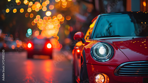Red Car Headlight Bokeh Effect Evening City Lights Reflections