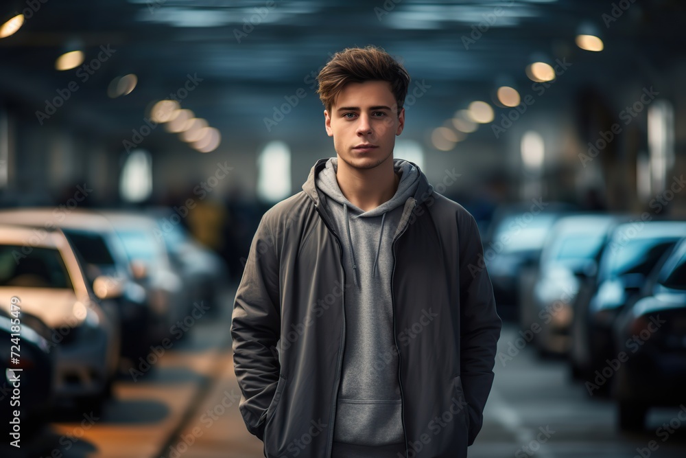 Handsome man standing on car parking background Handsome man standing on car parking background