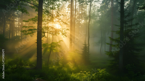 Misty Forest Sunrise with Sunbeams Through Trees © HappyKris