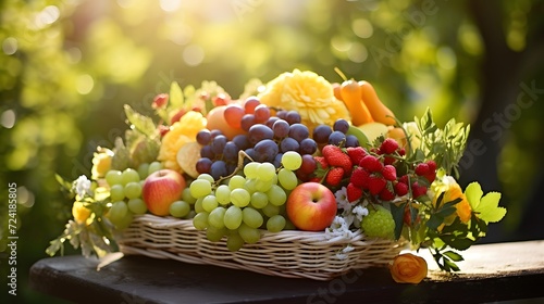 Sunlit assorted fruit basket outdoors   