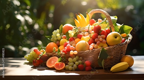 Sunlit assorted fruit basket outdoors   