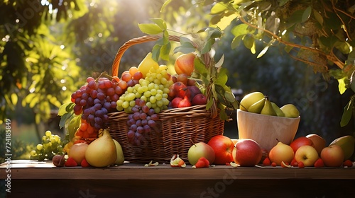 Sunlit assorted fruit basket outdoors 
