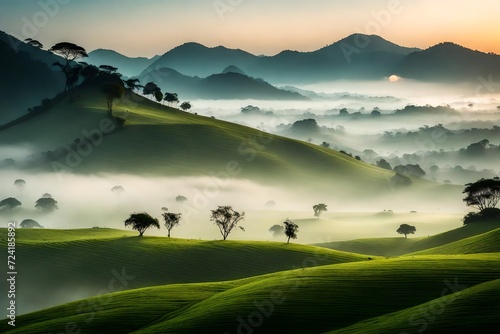 A serene landscape of rolling hills in Kerala, veiled in early morning mist. The foreground showcases dew-covered grass, leading to misty mountains under a soft dawn sky.