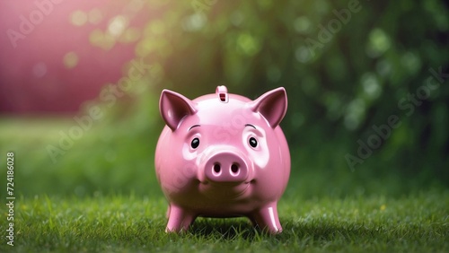 pink piggy bank on grass, saving money concept