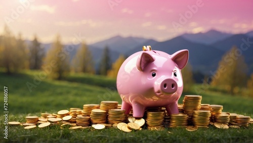 piggy bank on green grass and stack of gpld coins, nature backdrop photo