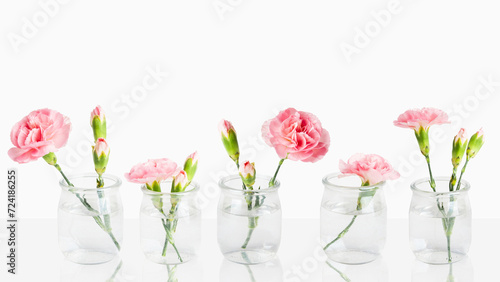 Delicate pink flowers in small vases. On a light background with empty space