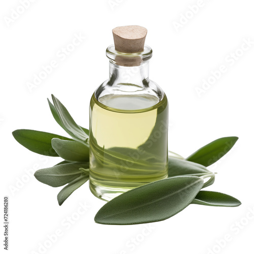 fresh raw organic sage oil in glass bowl png isolated on white background with clipping path. natural organic dripping serum herbal medicine rich of vitamins concept. selective focus photo