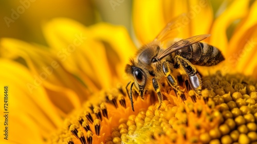 Close-Up: Bee Collecting Nectar from Vibrant Yellow Sunflower