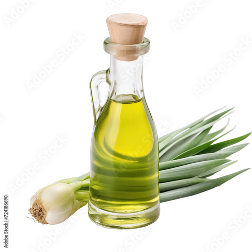 fresh raw organic scallion oil in glass bowl png isolated on white background with clipping path. natural organic dripping serum herbal medicine rich of vitamins concept. selective focus