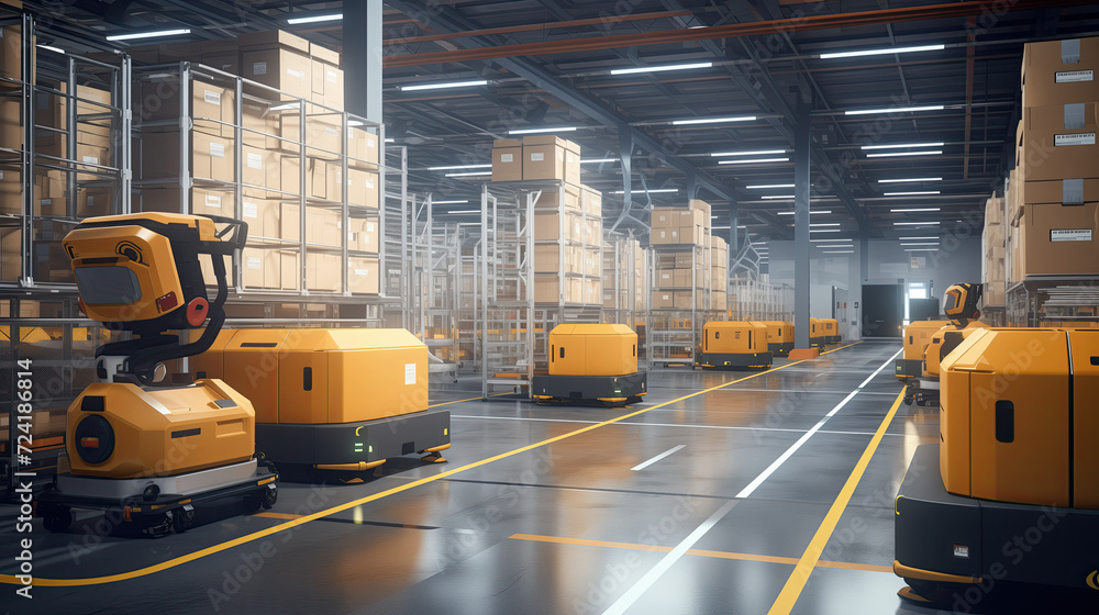 Futuristic warehouse with automated guided vehicles transporting goods, parcels and managing the inventory. Futuristic warehouse with automated guided vehicles transporting goods, parcels and managing the inventory.