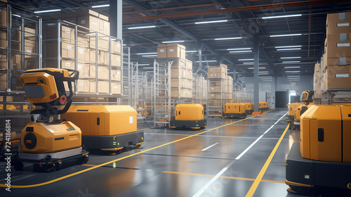 Futuristic warehouse with automated guided vehicles transporting goods, parcels and managing the inventory.