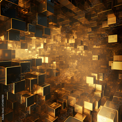 Flying on gold cube background for wallpaper in luxuly and fashion party scene,, Abstract background with structure of cubes. Colorful cubes texture for technology backdrop.