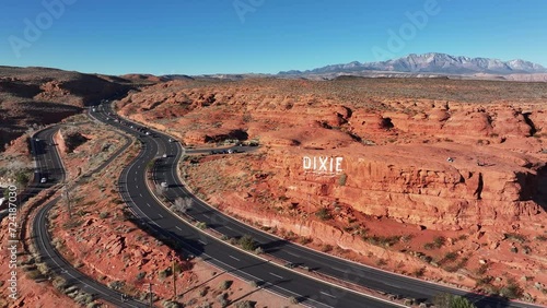 Aerial Dixie highway Pioneer Park St George Utah red rock 2. Southwestern desert. Geological landscape erosion. Hiking, rock climbing, picnic and exploring in canyons. Hiking and nature travel.  photo
