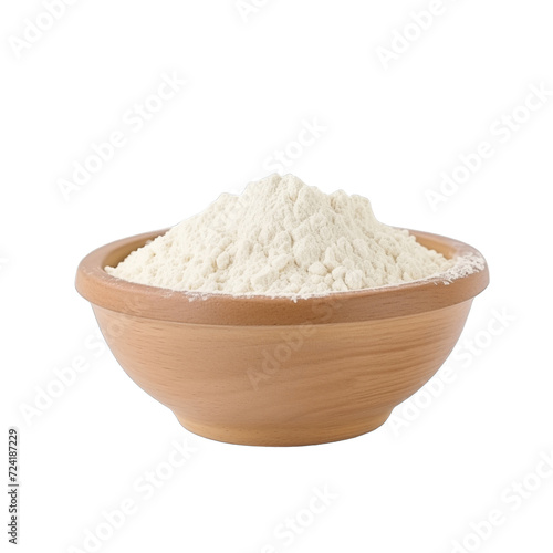 pile of finely dry organic fresh raw white quinoa flour powder in wooden bowl png isolated on white background. bright colored of herbal, spice or seasoning recipes clipping path. selective focus photo