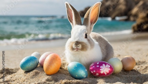 Easter Bunny with Easter eggs on the beach