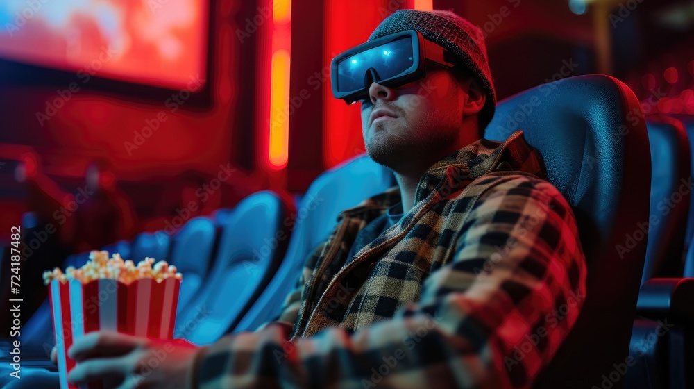 Young man in virtual reality glasses watching movie and eating popcorn in cinema
