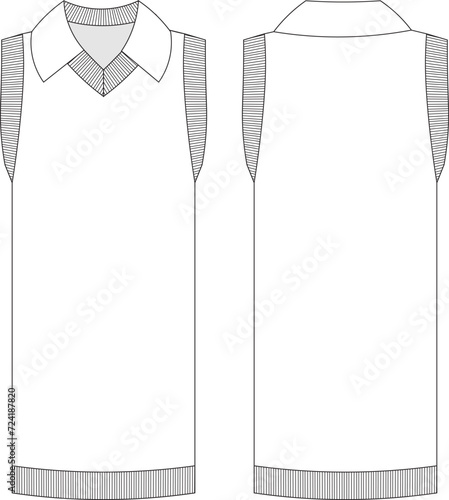 ribbed collared v neck sleeveless short shift dress template technical drawing flat sketch cad mockup fashion woman design style model