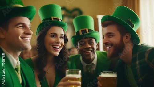 Laughing boys and girls dressed in green hats, top hats and suits hold glasses of beer in their hands at the bar and celebrate St. Patrick's Day